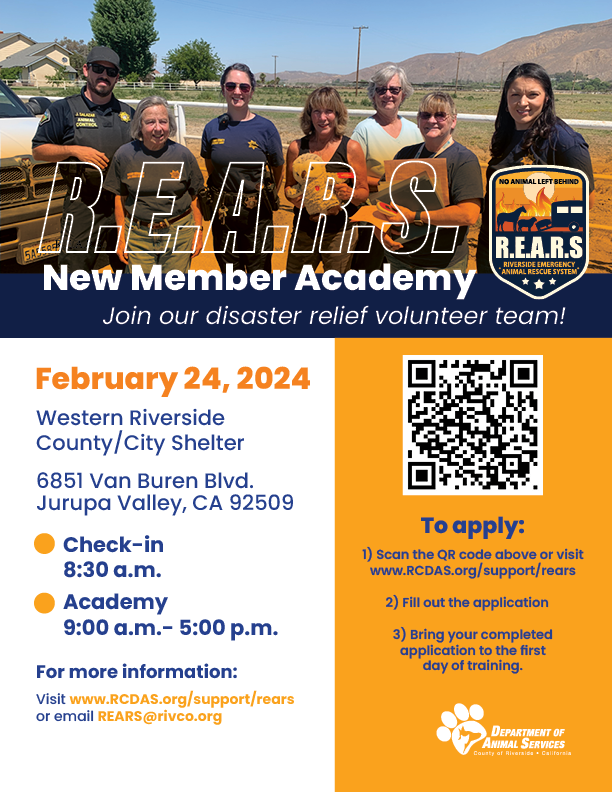 Flyer for REARS disaster relief volunteer team new member academy to be held on Saturday, February 24, 2024.