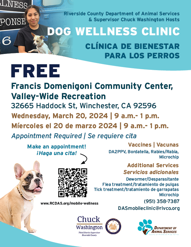 Flyer for March 20 Wellness Clinic in Winchester, CA