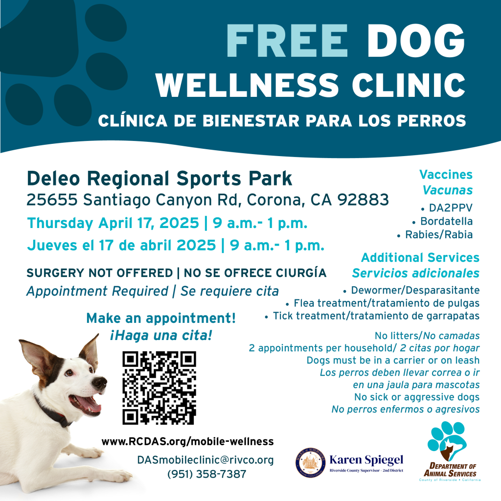 Flyer for April 17 2025 Wellness Clinic in Temescal Valley