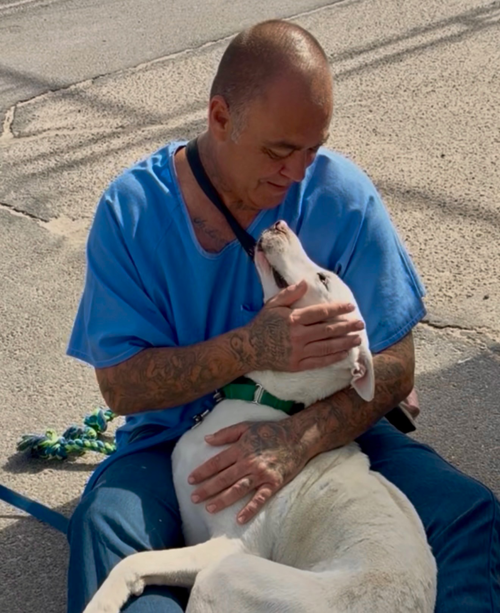 Man Sitting on the ground while petting a white dog. Dog is curled up in the man's lap.