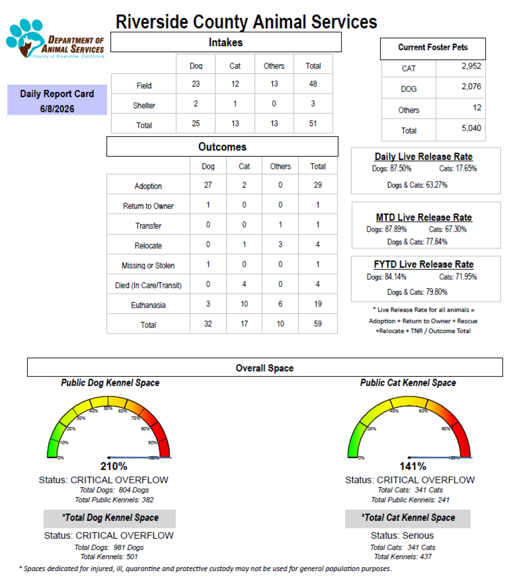 Daily report card of RCDAS Intake/outcome 