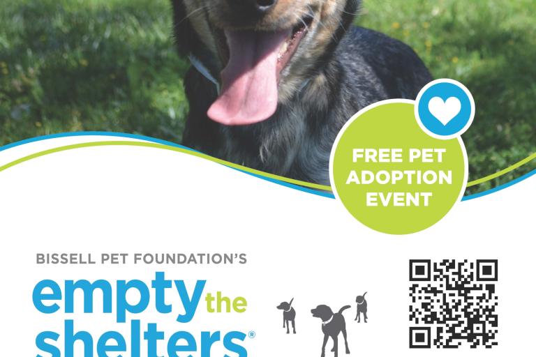 Flyer for Bissell Empty the Shelters Free Adoption Event May 1-15, 2025