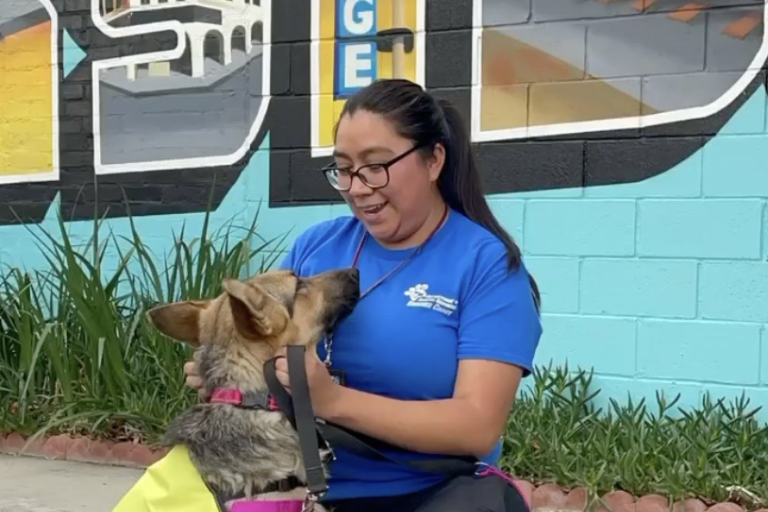 Woman petting dog in front of large colorful mural