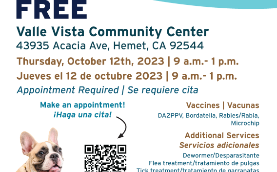 Flyer for October 12 Wellness Clinic in Valle Vista, Hemet California