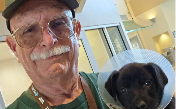 Volunteer Larry holding a puppy with a cone on its head