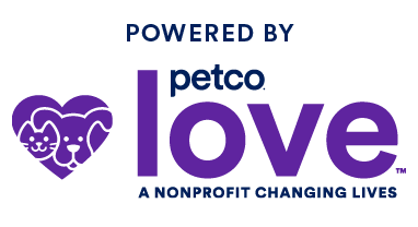 Purple and blue text that reads Powered by Petco Love: A nonprofit changing lives