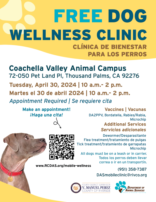 Flyer for April 30 Wellness Clinic in Thousand Palms, CA