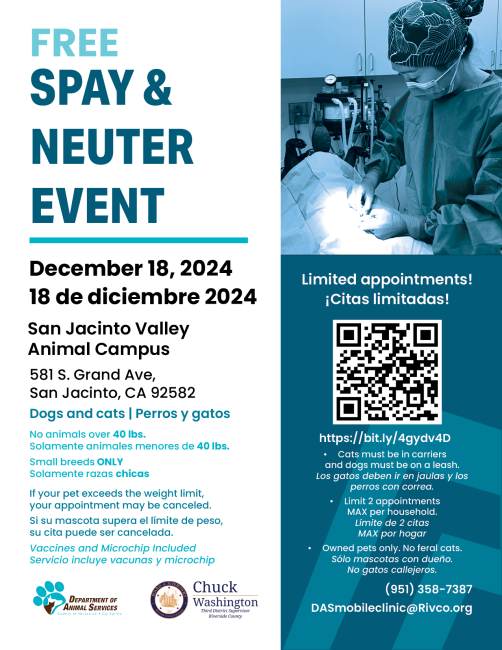 Flyer for December 18 Spay Neuter Clinic