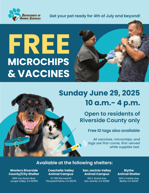 Flyer for Free Microchip and Vaccine Day June 29th, 2025