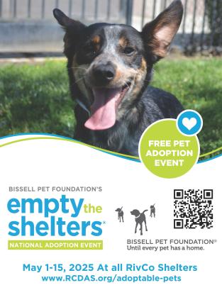 Flyer for Bissell Empty the Shelters Free Adoption Event May 1-15, 2025